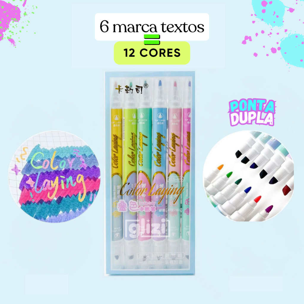 Kit 6 Marca Textos com 12 Cores Ponta Dupla Color Laying Sopreposição de Cores Escolar em Oferta na Shopee