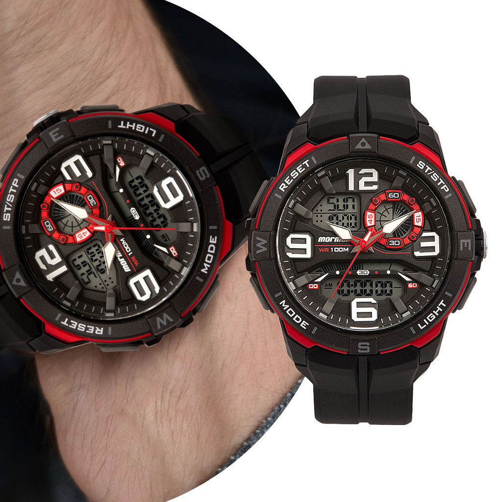 Relógio Masculino Digital Analógico Esportivo De Pulso Pulseira Silicone à Prova D' Água Preto Vermelho Mormaii Original