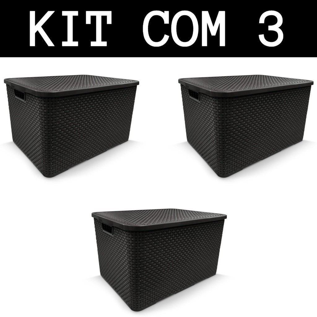 Kit Com 3 - Cesto Caixa Organizadora Rattan Com Tampa - 7 Litros - Preto