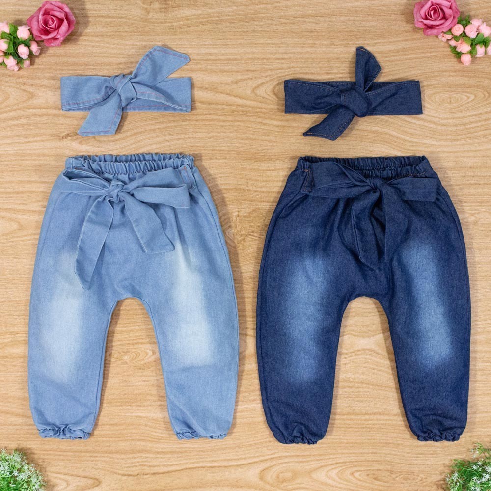 Kit Calça Jeans e Faixinha para Bebê Menina Roupa Infantil até 12 Meses