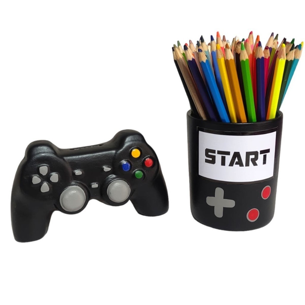 Kit 2 Pç Video Game Cofre Controle Pote Porta Lapis - Preto - Cofrinho