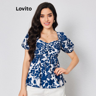 Lovito Blusa Boho Floral Com Babados E Bainha Com Mangas Bufantes Para Mulheres LBL08037