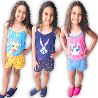 Pijama Infantil de Verão baby doll de Alça e short Menina short e camisa