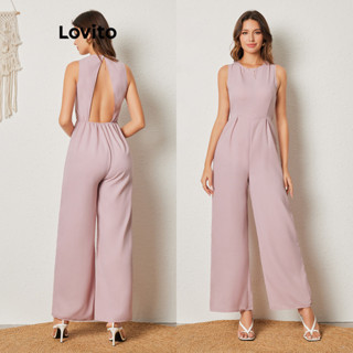 Lovito Elegante Macacão Feminino Liso Plissado com Fenda Traseira LBL08194