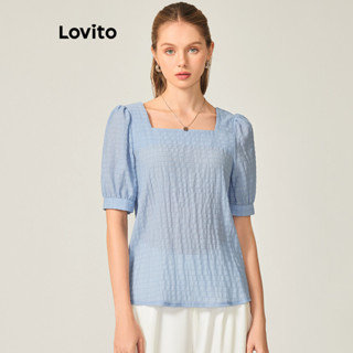 Lovito Casual Blusa Feminina Lisa de Jacquard com Manga Bufante L71ED004 (Azul/Branco)