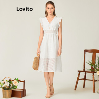 Lovito Vestido Boho Liso Com Acabamento Em Alface E Botão Duplo Para Mulheres LNL35084 (Branco)