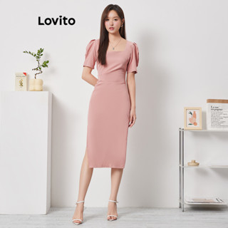 Lovito Elegante Vestido Feminino Liso Plissado com Fenda Frontal L74ED382