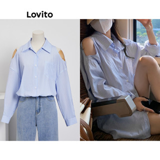Lovito Blusa Casual com Bolsos Listrados e Ombros de Fora para Mulheres L73AD009