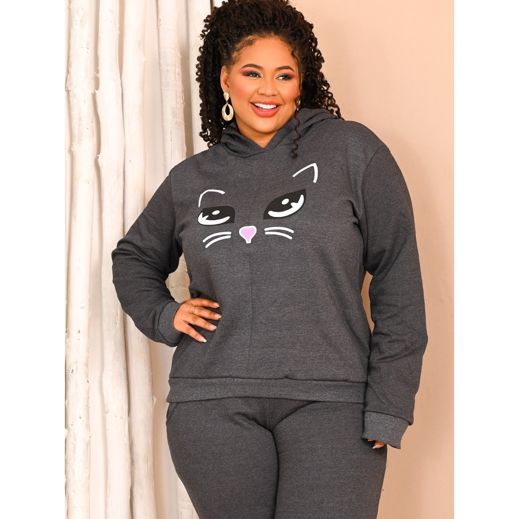 Conjunto Moletom Feminino Plus Size Estampa Gato Tecido Flanelado