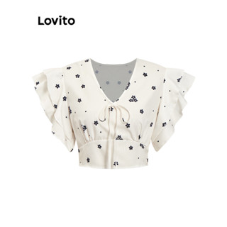 Lovito Blusa casual Ditsy floral com renda e babados Padrão para mulheres L79AD004