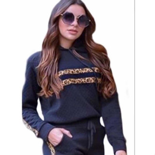 Conjunto Feminino Blusa Capuz Calça Com Listra Onça Metalasse