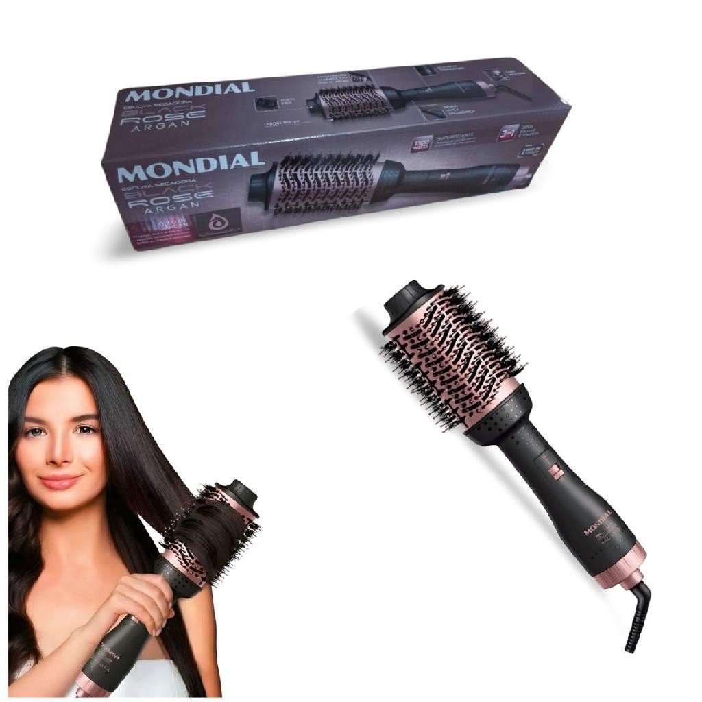 Escova Secadora Mondial ES-14 revestida Óleo de Argan 3 em 1 Original 1200w Black Rose 110v