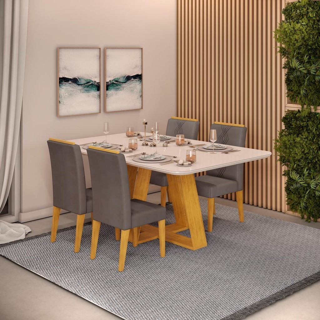 Conjunto Sala de Jantar 4 Cadeiras Tampo Curvo DJ Móveis Kiara Cedro Yasmin Veludo Lunar em Oferta na Shopee