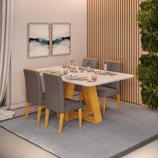 Conjunto Sala de Jantar 4 Cadeiras Tampo Curvo DJ Móveis Kiara Cedro Yasmin Veludo Lunar em Oferta na Shopee