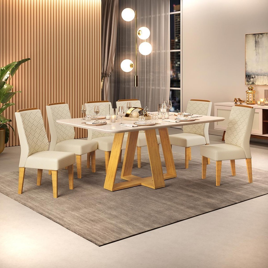 Conjunto Sala de Jantar 6 Cadeiras Tampo Curvo DJ Móveis Kiara Cedro Lidia Linho Neve em Oferta na Shopee