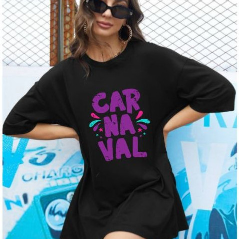 Linda Camiseta Feminina Tshirt Oversized Streetwear Estampada Carnaval Roxo Escrita Tendencia Modelo Larga