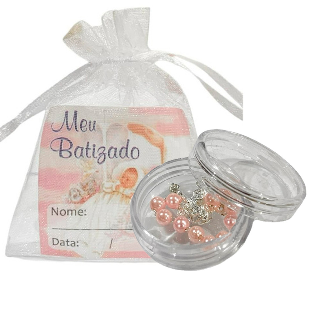 Mini Tercinho Lembrancinha Batismo Porta Terço Saquinho Rosa