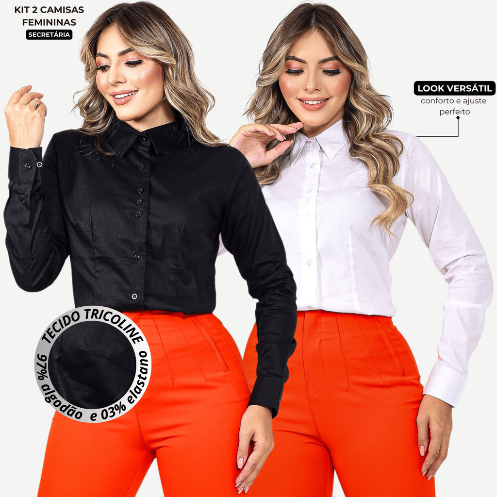 Kit 2 Camisa Feminina Social Manga Longa Secretária Trabalho