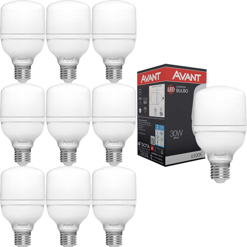 10 Lâmpadas Led Bulbo HP 30w Luz Branca 6500k E27 Avant