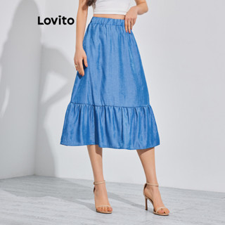 Lovito Saia Jeans Casual Com Babados Lisos E Bainha Para Mulheres LBL08086