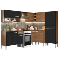 Cozinha Completa de Canto Madesa Emilly Ice com Armário e Balcão 15portas 1 GavetaRustic/Preto