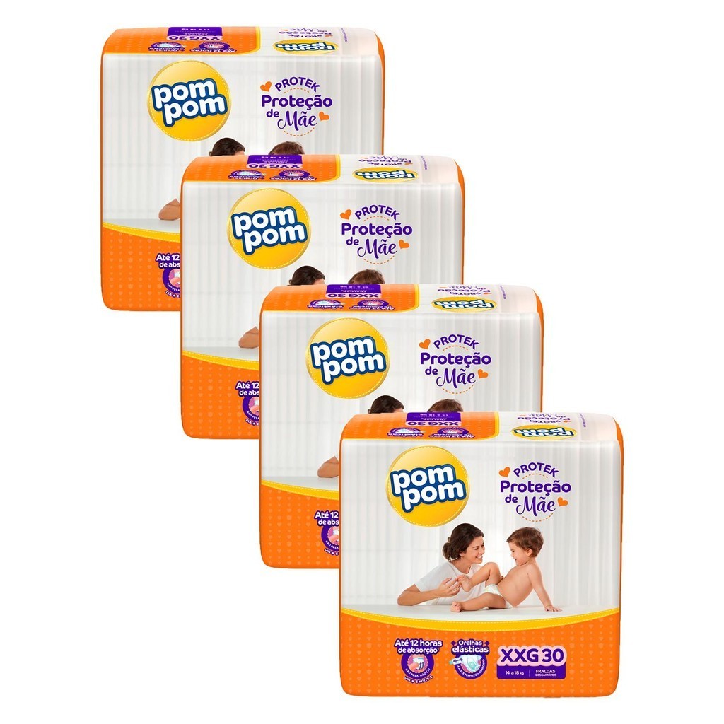 Kit 4 Fraldas Pom Pom Derma Protek Mega XXG com 30un cada em Oferta na Shopee