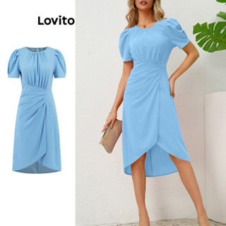 Lovito Vestido Elegante Liso Assimétrico Plissado Com Manga Bufante Para Mulheres LNL45154