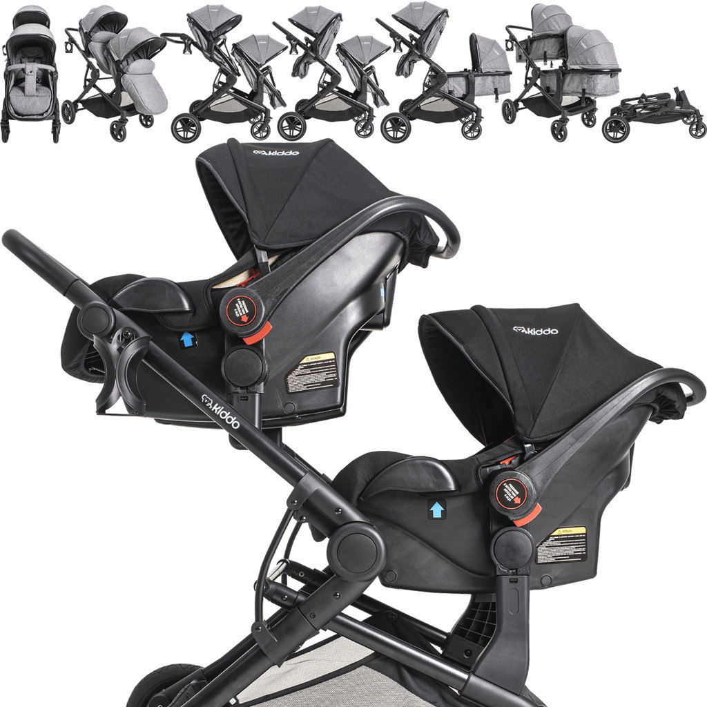 Detalhes do Carrinho de Bebe para Gemeos Kiddo  com 2 Bebe Conforto 2 Base ISOFIX Pair Cinza