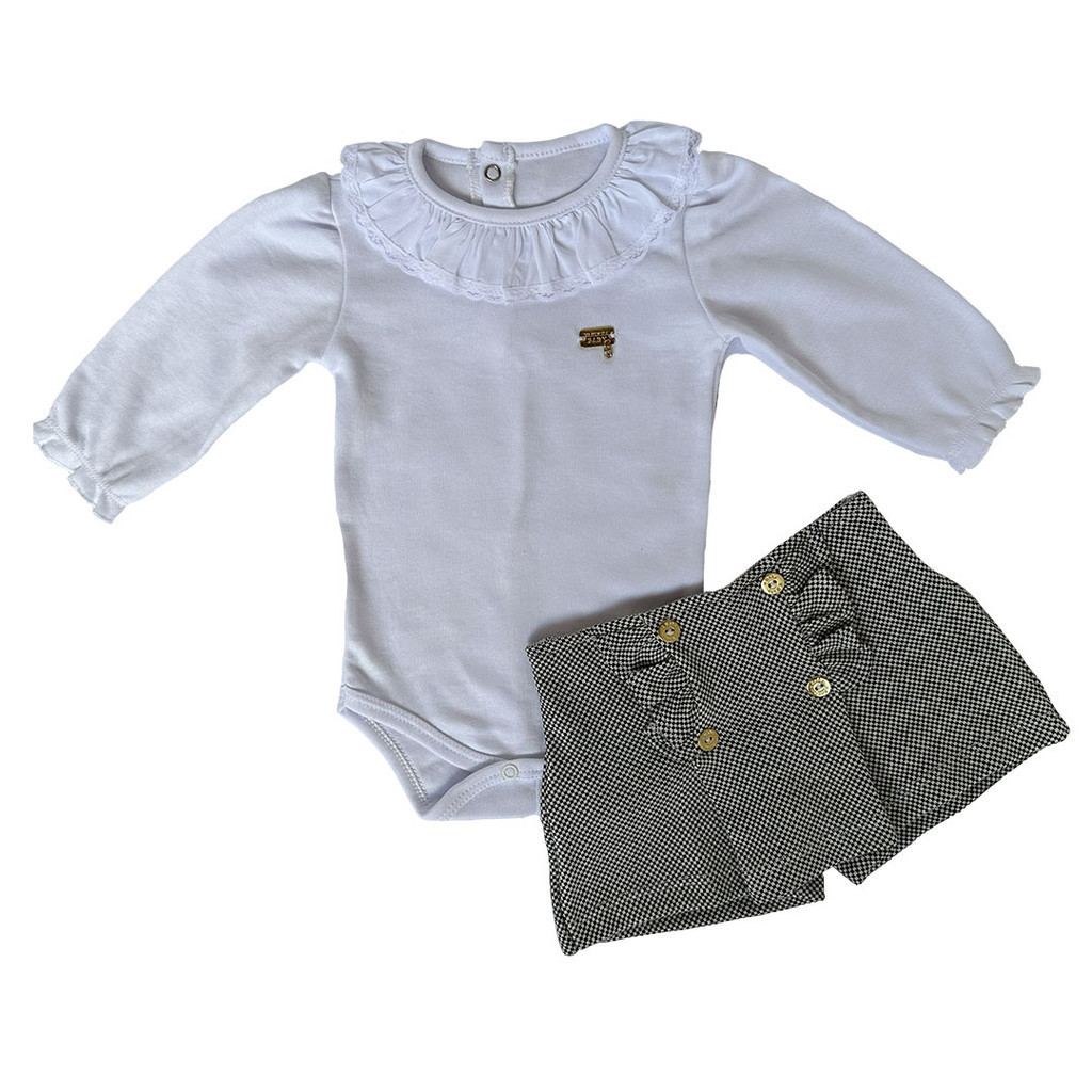 Kit Conjunto Infantil Short Body Bebê Bordado Saiote Babado