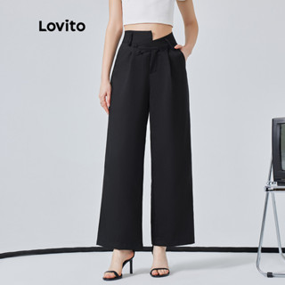 Lovito Casual Calça Feminina Lisa Plissada Assimétrica L74ED278