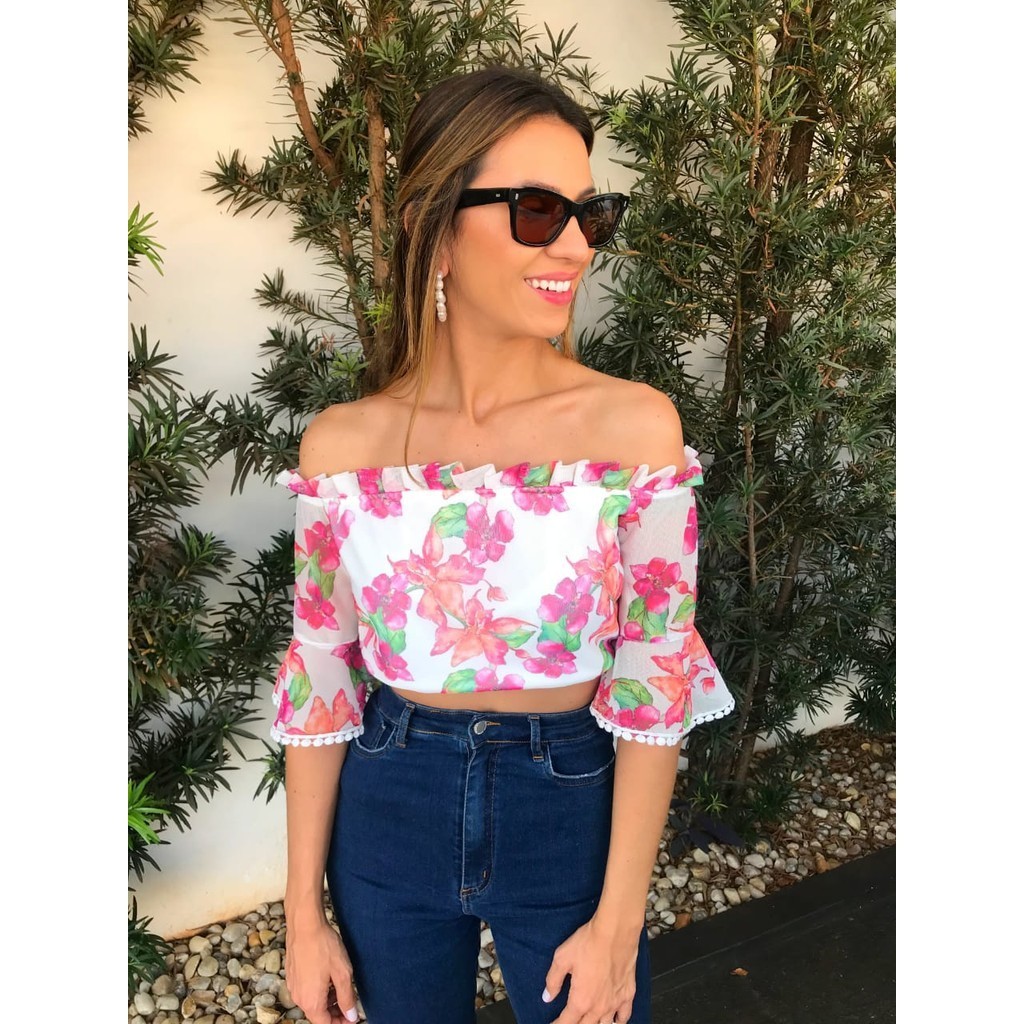 Cropped Ombro à Ombro Floral Cloude Jeans Jordana