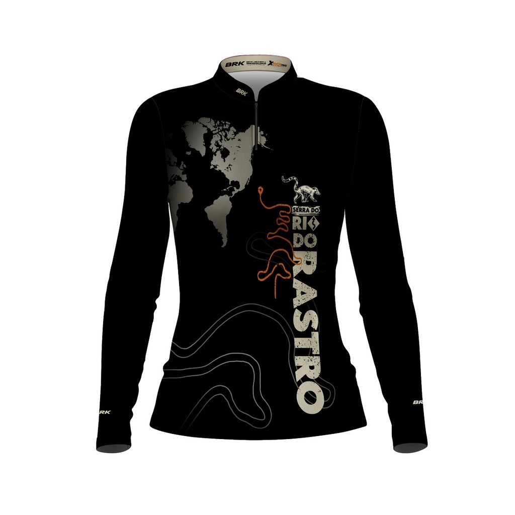Camisa Feminina Motociclismo Brk Expedição Serra do Rio Rastro Preta com Proteção Solar UV50+