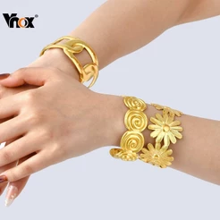 Vnox Daisy Opening Pulseira Para Mulheres Aço Inoxidável Punho Largo Grande Joias Resistentes À Água