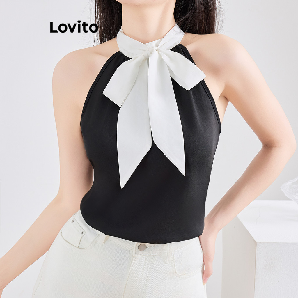 Lovito Elegante Top de alças lisas com cadarço Colorblock para mulheres L120ED240 - Women Clothes