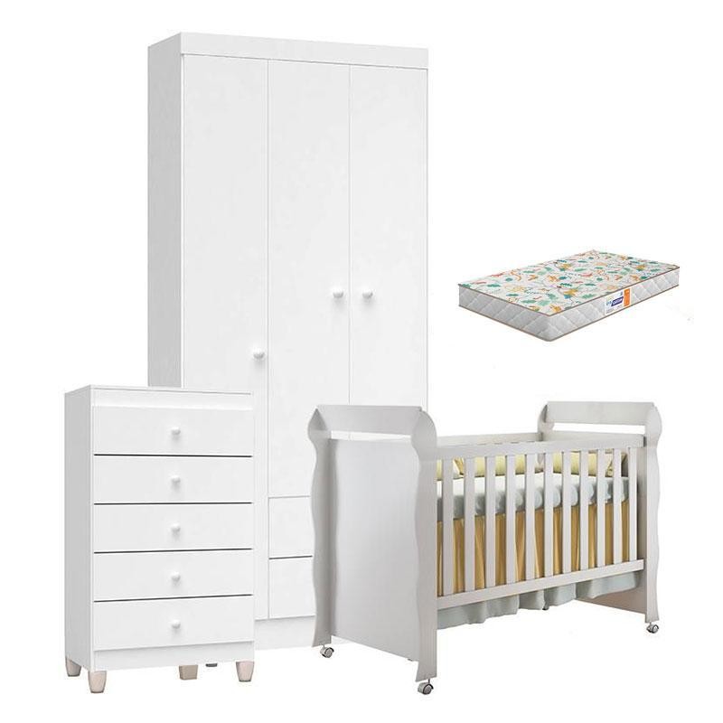Quarto de Bebê 3 Portas com Gaveteiro Ternura Baby e Berço Mirelle Branco Brilho com Colchão Gazin - Incorplac