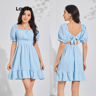 Lovito Vestido com Babado e Amarração Liso Boho para Mulheres LBL08113