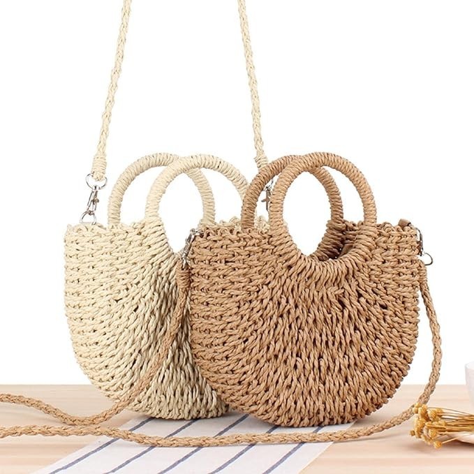 Bolsa Feminina de Palha Artesanal Redonda  Com Alça De Mão Transversal Praia Festa