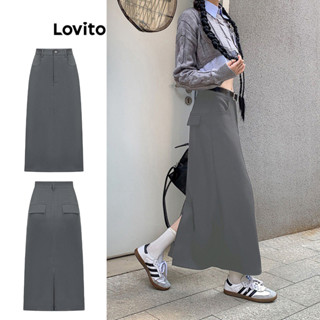 Lovito Casual Saia Feminina Lisa com Fenda Traseira e Bolso L70AD066 (Cinza)