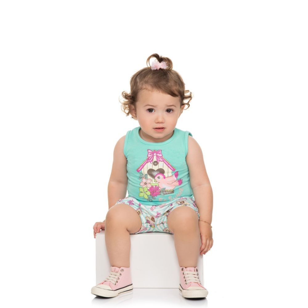 Conjunto Infantil Feminino Regata Cotton E Shorts Meia Malha