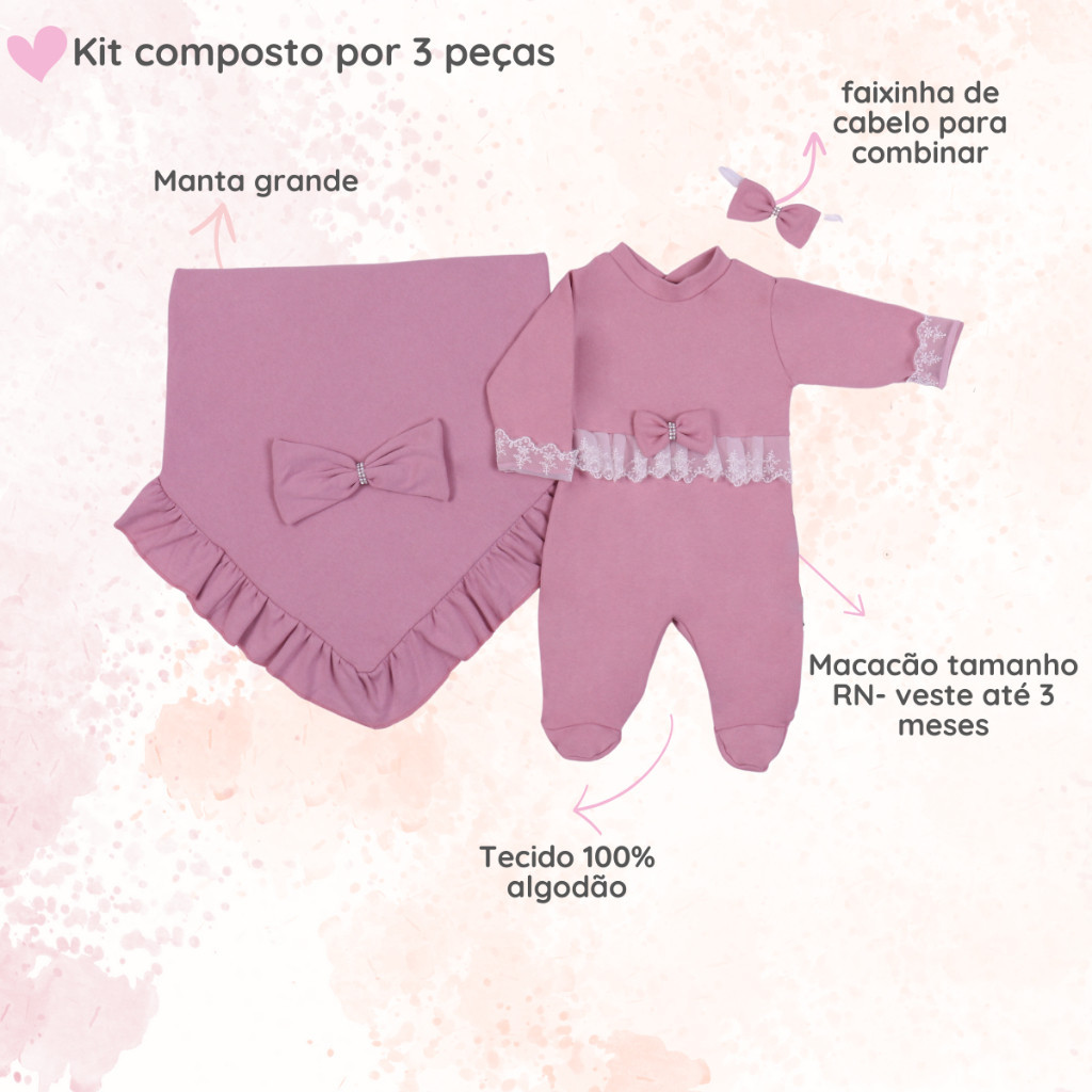 Saída Maternidade Para Bebê Menina Olivia 3 Peças 100% Algodão - a pronta entrega