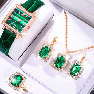 Conjunto De Jóias De Relógio Verde Elegante 5Pcs Para Mulheres