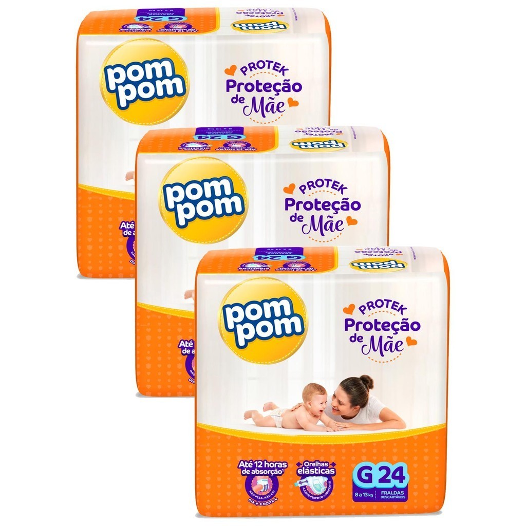 Kit 3 Fraldas Pom Pom Protek Proteção de Mãe Jumbo G com 24un cada em Oferta na Shopee