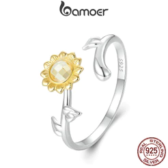 Bamoer 925 Sterling Sliver Ring Girassóis Anel Aberto Jóias De Moda Requintada Presentes Para Mulheres