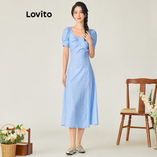 Lovito Casual Vestido Feminino Xadrez Alinhado de Manga Bufante com Nó L71ED150 (Branco/Azul Claro)