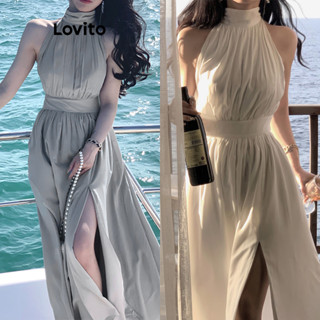 Lovito Vestido com Amarração e Fenda para Mulheres Casual LNA39037 (Branco/Azul)