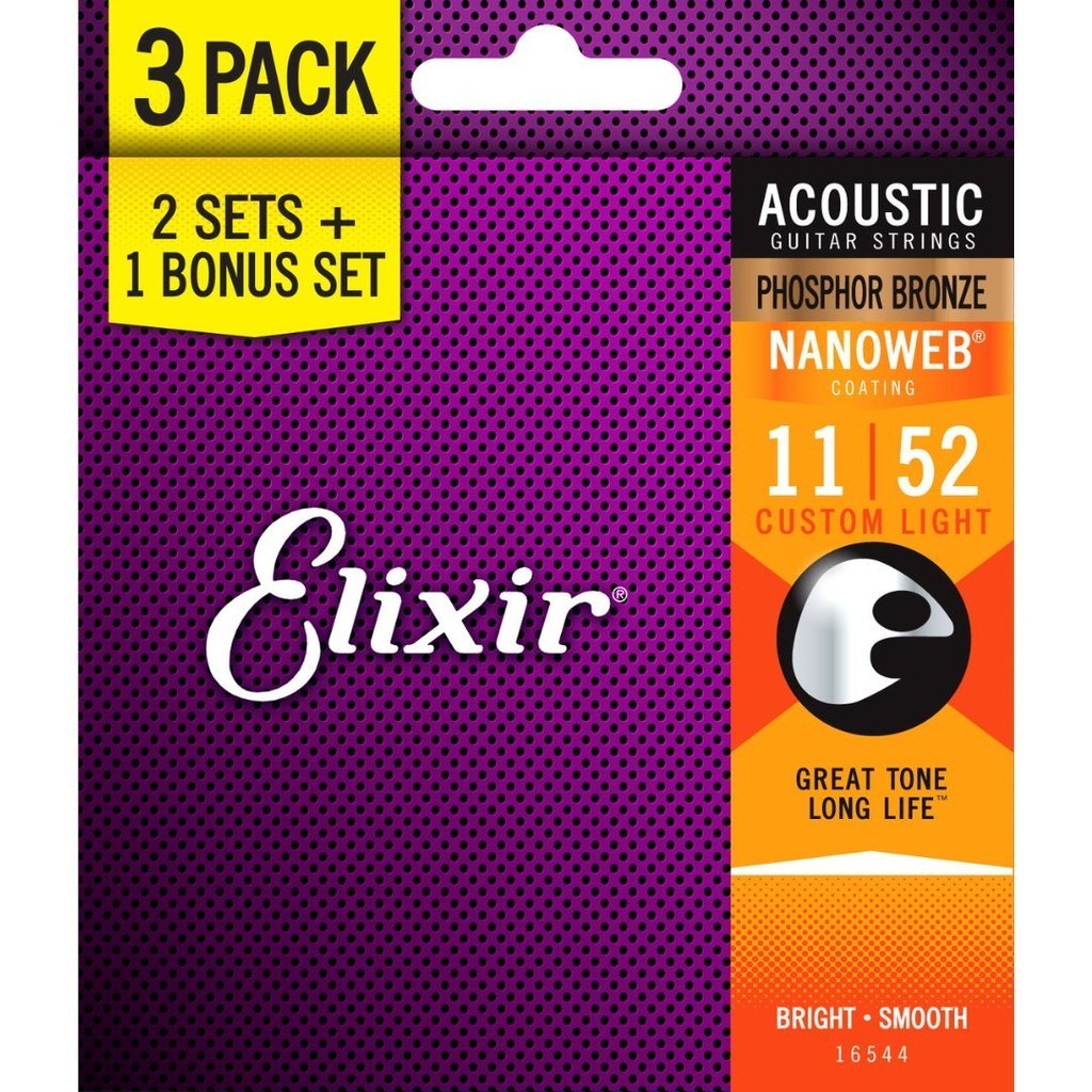 Kit com 3 Encordoamentos Elixir 011 Custom Light Phospor Bronze para Violão Aço