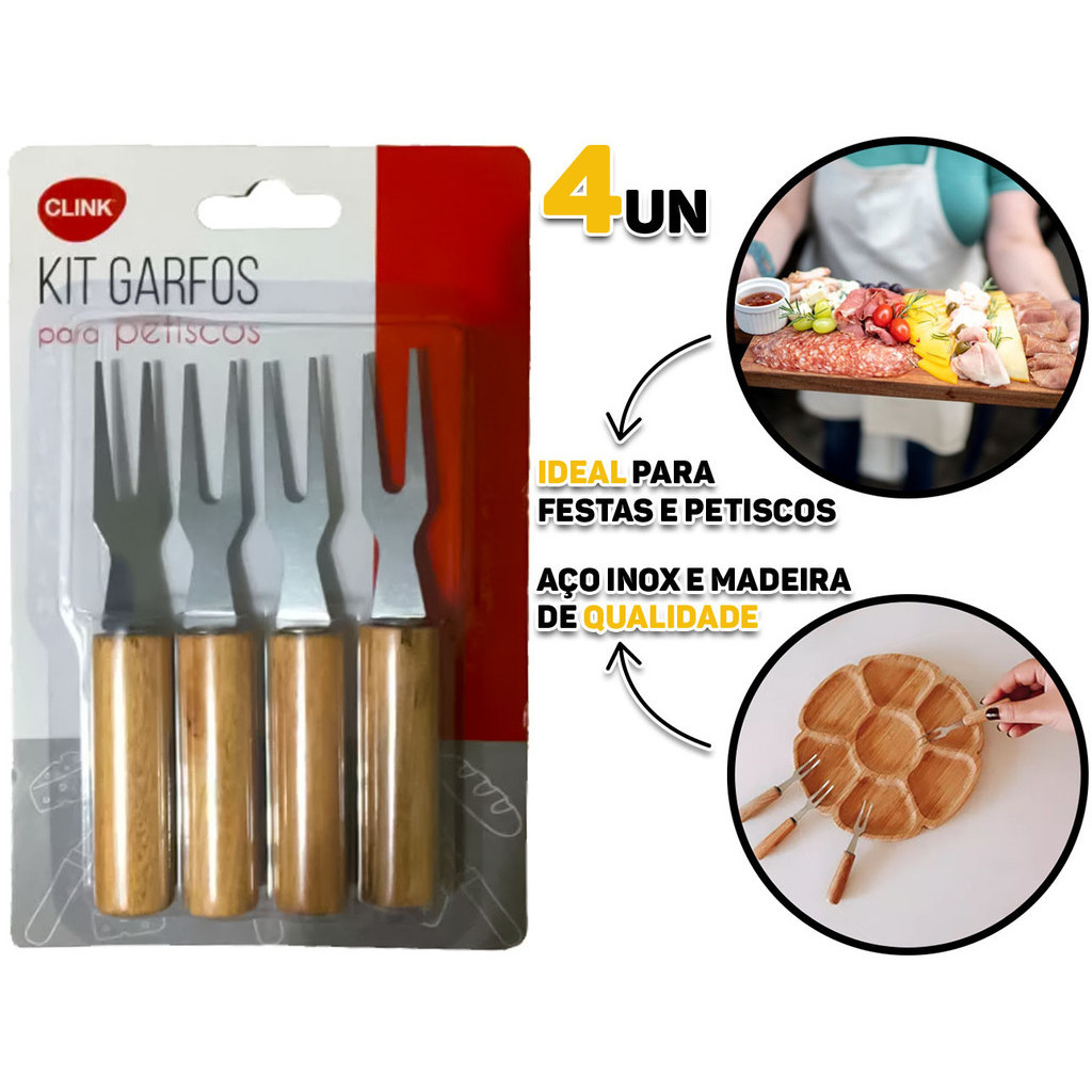Conjunto 4 Garfos Para Petisco Frutas Aperitivos Em Aço Inox Cabo De Madeira 10cm Clink - Home & Living
