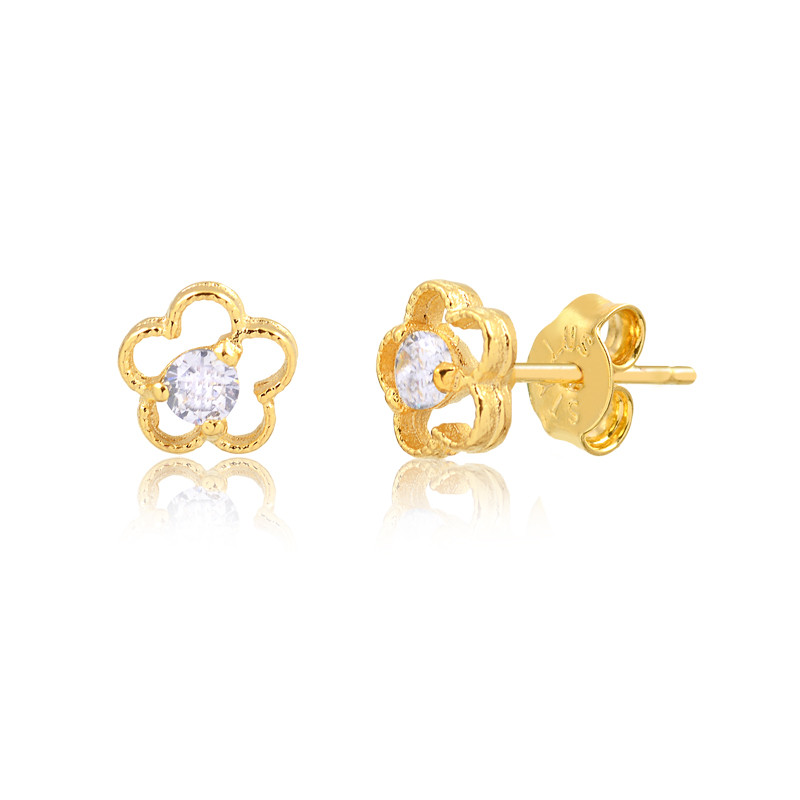 Brinco Banho de Ouro 18K Pequeno Flor Vazada Trabalhada com Zircônia (8mm)