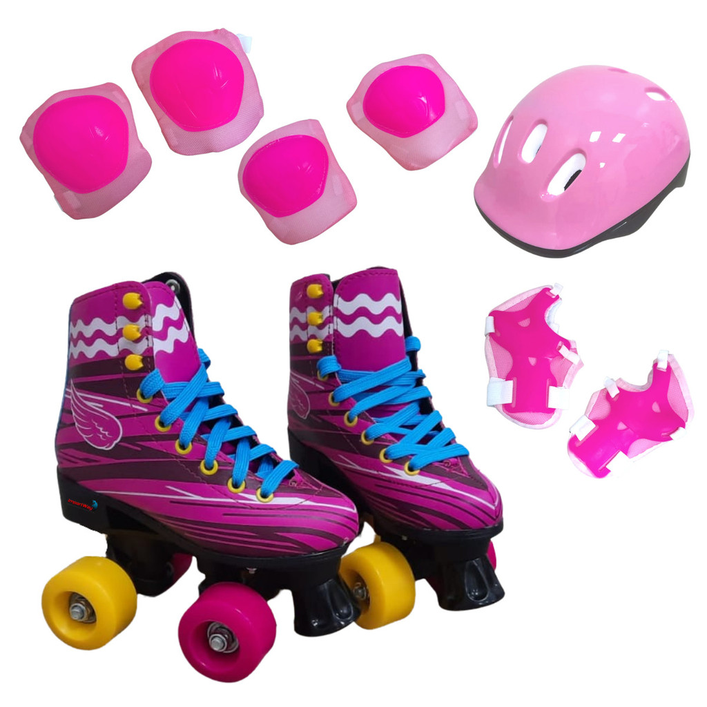 Patins 4 Rodas Infantil Menino Menina Rosa Roller Tamanho 30 a 31 Com Kit Proteção Importway
