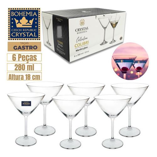 6 Taças Vidro Crystal Titânio Bohemia Martini Cocktail 280ml Cor Transparente em Oferta na Shopee